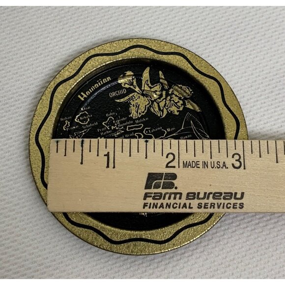 Vintage Hawaiian Islands Souvenir Coaster Set Of 5 Black Gold Steel Map Hibuscus - Picture 5 of 6
